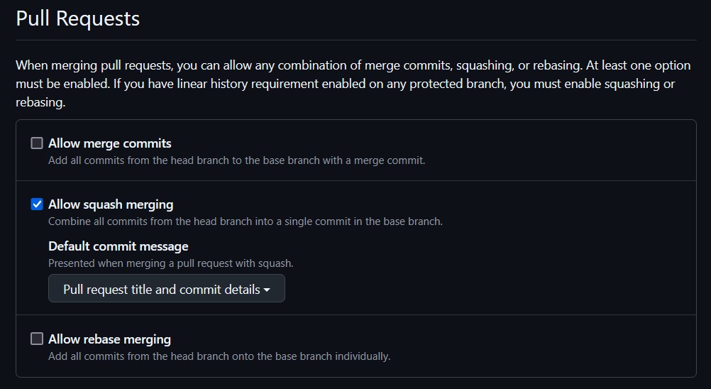 GitHub Pull Requests merge settings